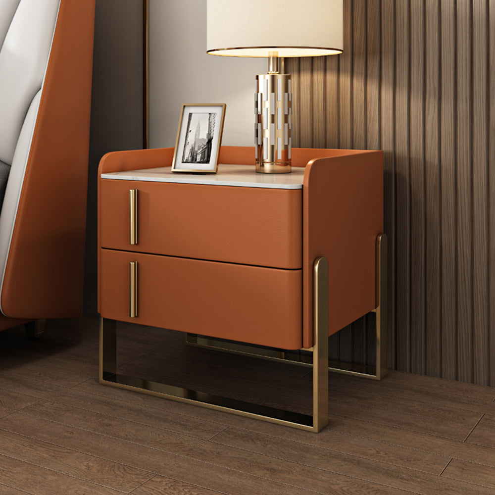 LIVARA NT1074 Modern Style Solid Wood Bedside Table with Sintered Stone Top - Orange