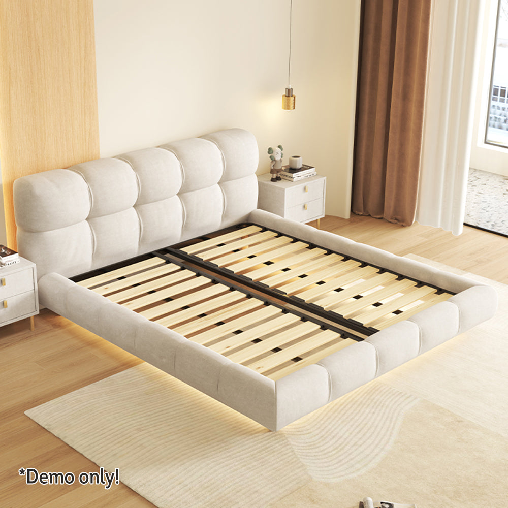 LIVARA SM1018 150/180cm Matte Fabric Sensor Light Bed With Two Bedside Tables - Beige