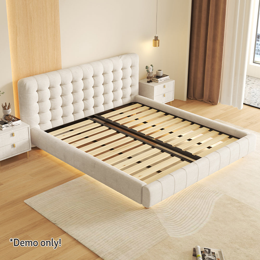 LIVARA SM1019 150/180cm Matte Fabric Sensor Light Bed With Two Bedside Tables - Beige