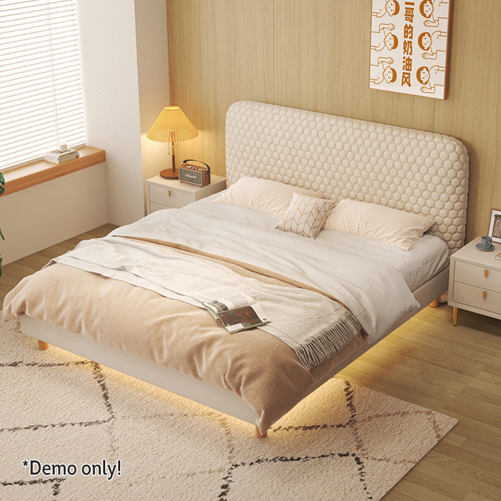 LIVARA SM1028 150/180cm Silicone Leather Fabric Bed With Two Bedside Tables - Beige