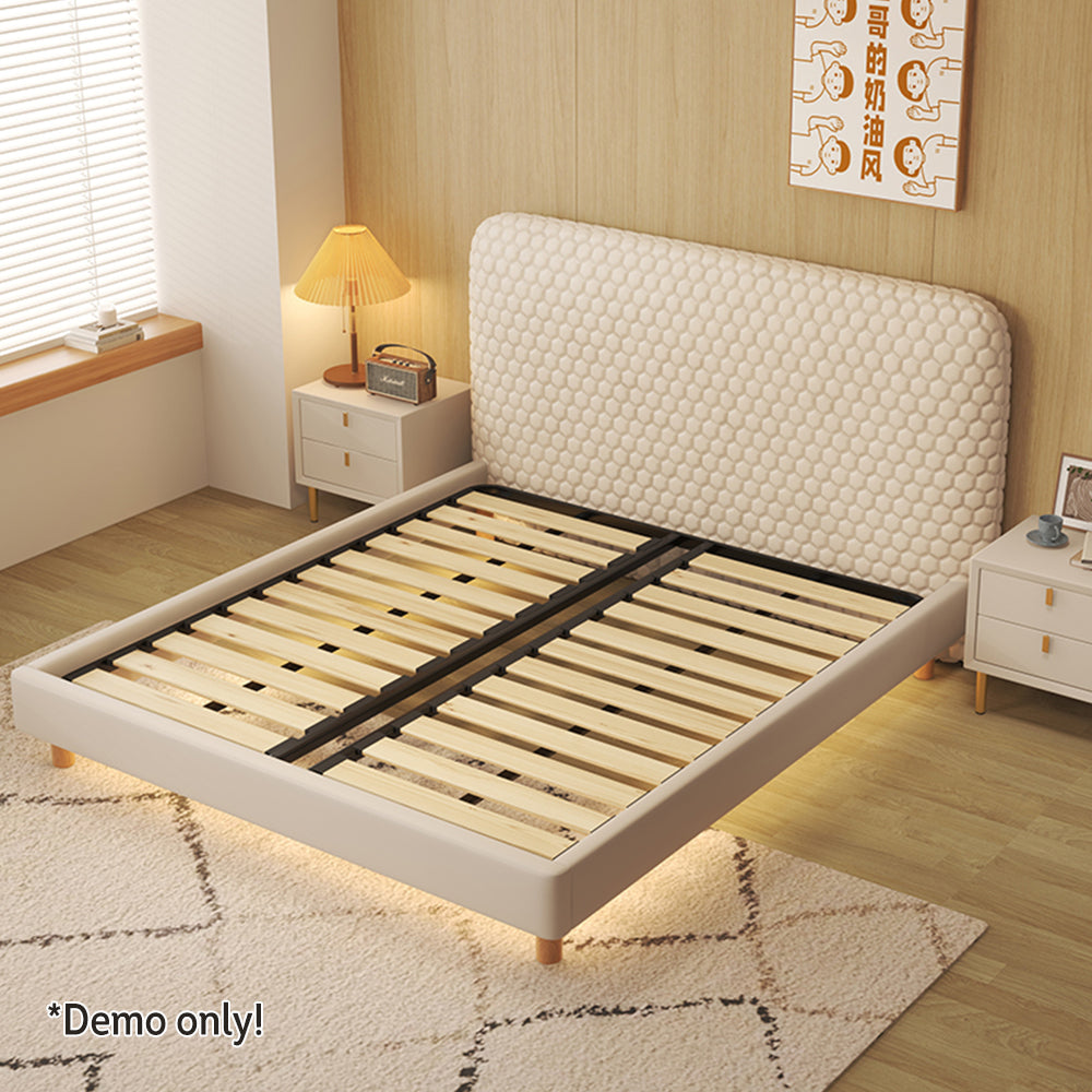 LIVARA SM1028 150/180cm Silicone Leather Fabric Bed With Two Bedside Tables - Beige