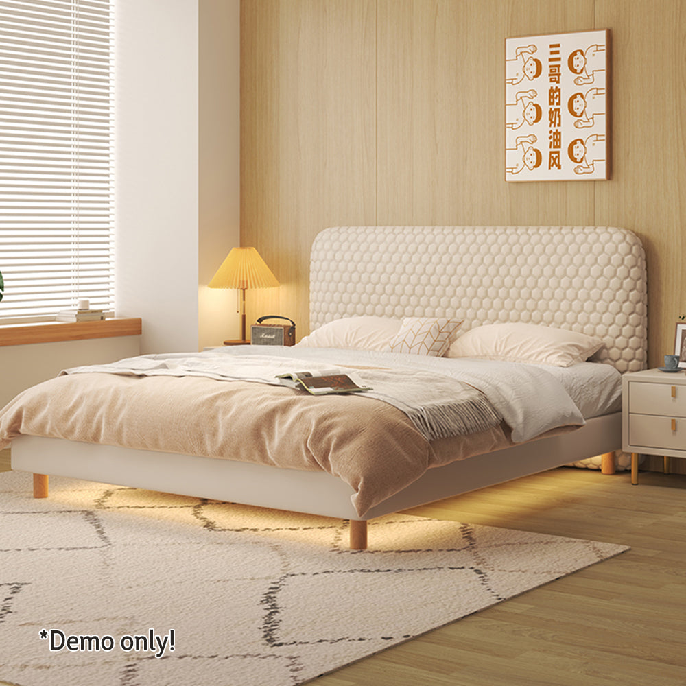LIVARA SM1028 150/180cm Silicone Leather Fabric Bed With Two Bedside Tables - Beige