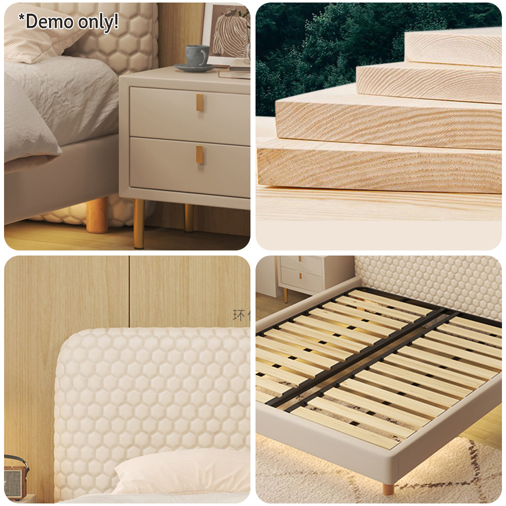 LIVARA SM1028 150/180cm Silicone Leather Fabric Bed With Two Bedside Tables - Beige