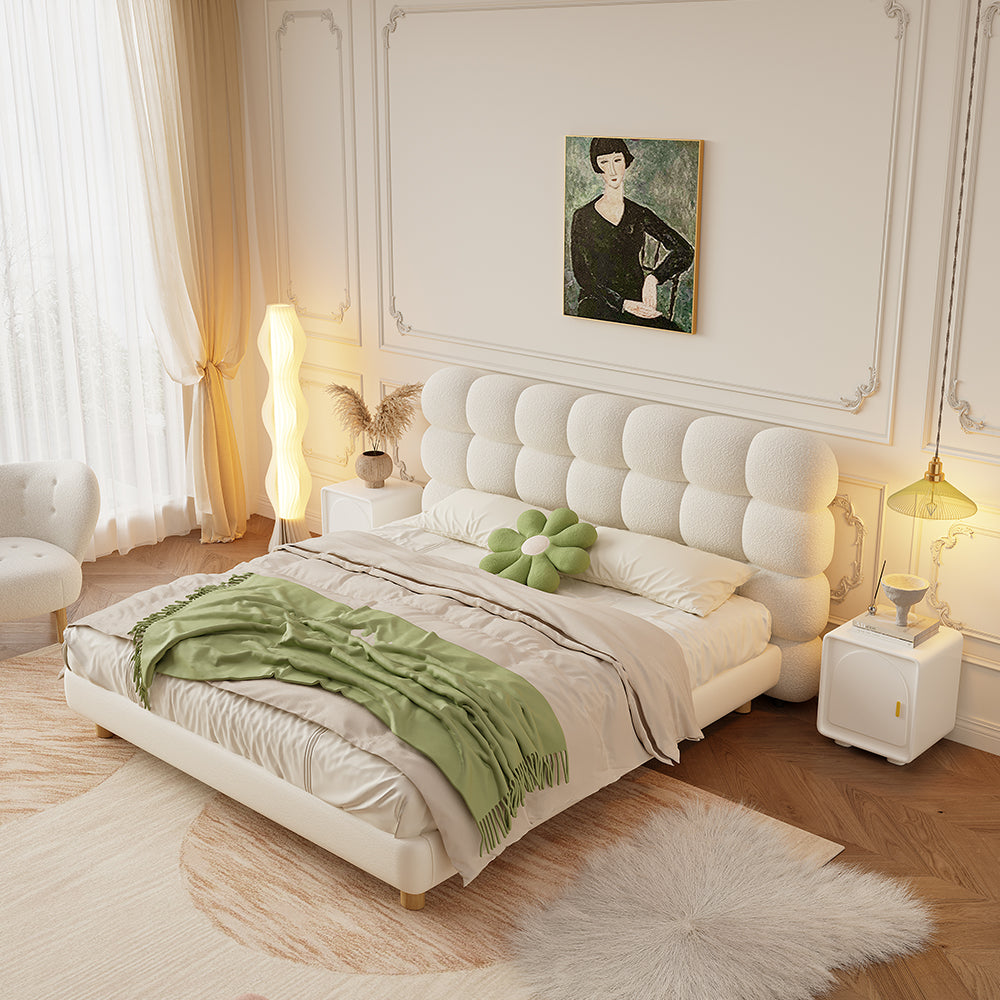 LIVARA Lazy Style 1031 Solid Wood Frame 150-180cm Double Bed With Bedside Tables - Beige