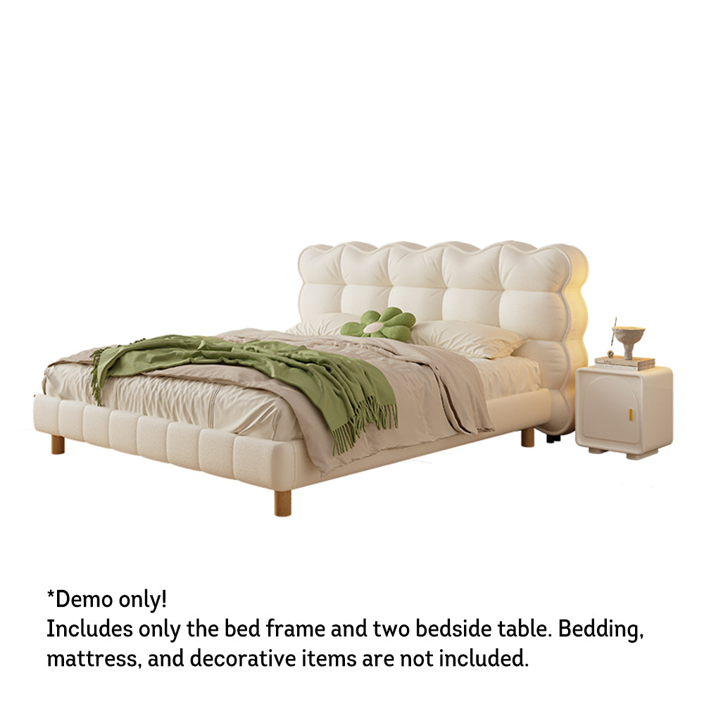 LIVARA SM1032 150/180cm Cat Claw Leather Fabric Bed With Bedside Tables Solid Wood Frame - Beige