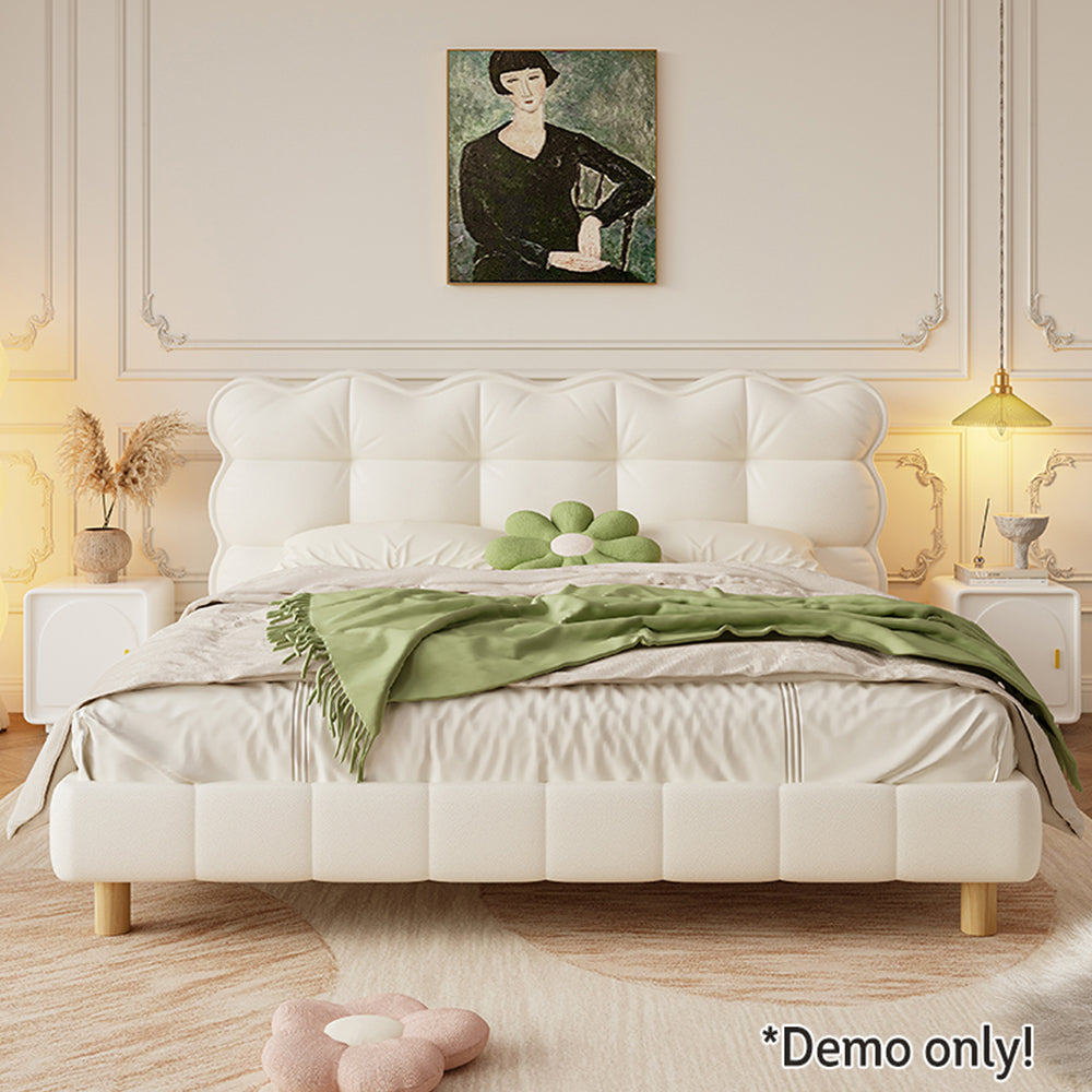 LIVARA SM1032 150/180cm Cat Claw Leather Fabric Bed With Bedside Tables Solid Wood Frame - Beige