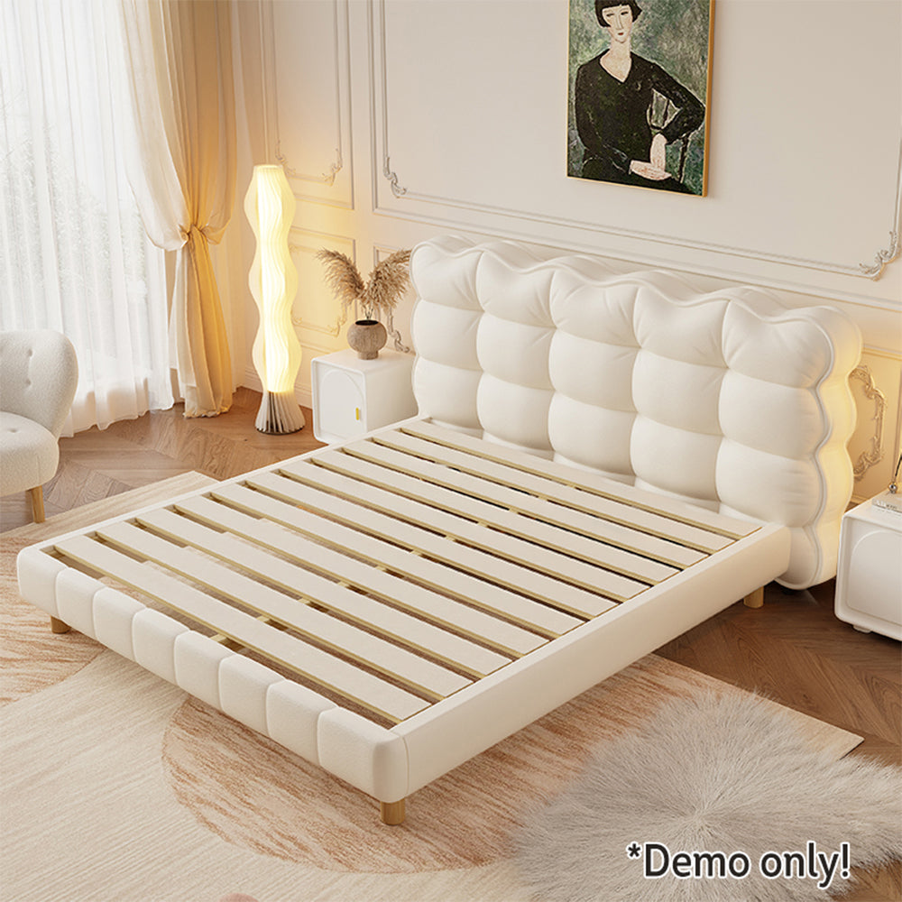 LIVARA SM1032 150/180cm Cat Claw Leather Fabric Bed With Bedside Tables Solid Wood Frame - Beige