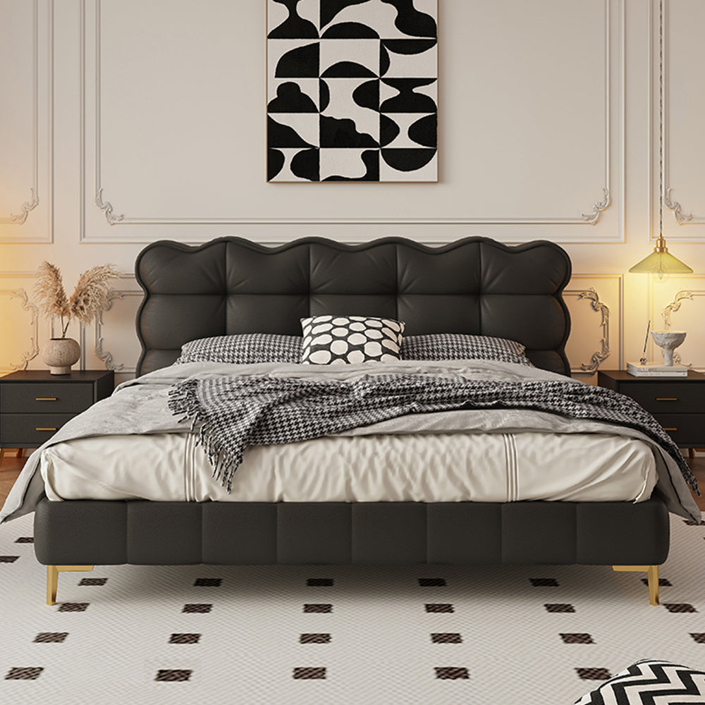 LIVARA SM1032 150/180cm Cat Claw Leather Fabric Bed With Bedside Tables Solid Wood Frame - Black