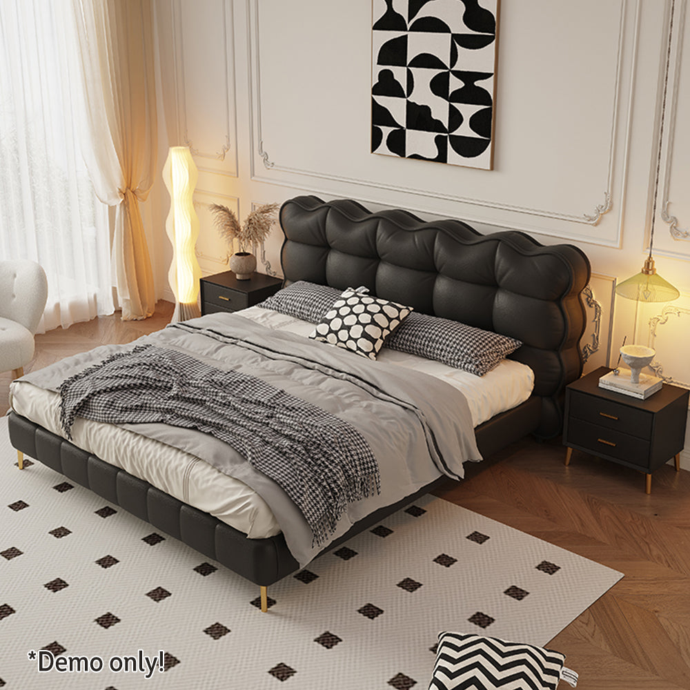 LIVARA SM1032 150/180cm Cat Claw Leather Fabric Bed With Bedside Tables Solid Wood Frame - Black