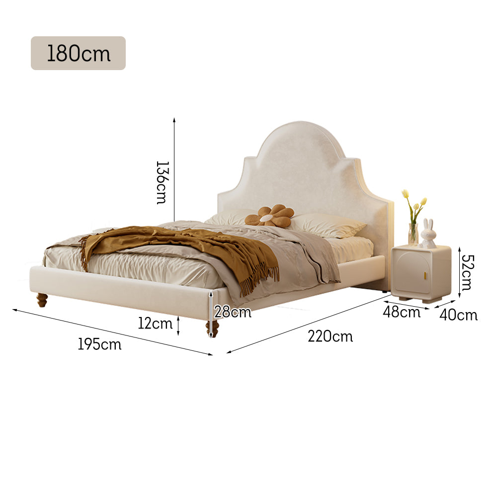 LIVARA SM1045 150/180cm Length Baby Velvet Fabric Bed With Two Bedside Tables Solid Wood Frame - Beige