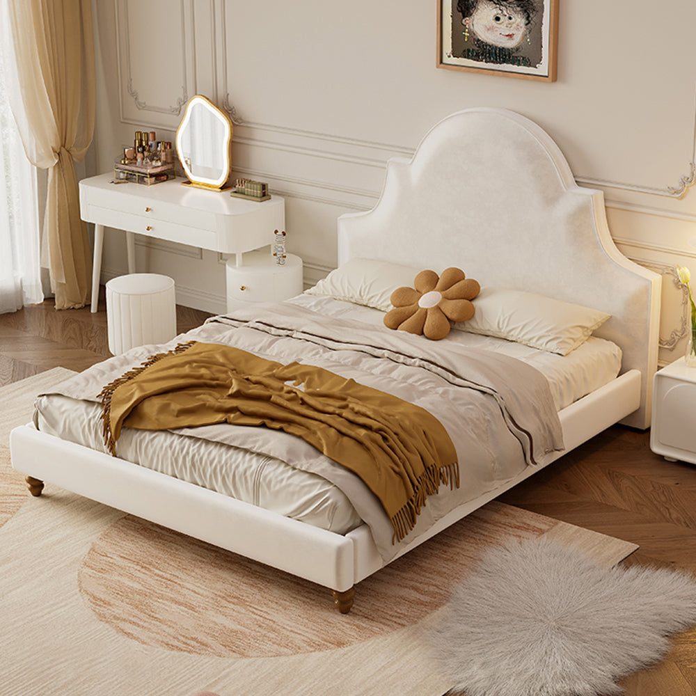 LIVARA SM1045 150/180cm Length Baby Velvet Fabric Bed With Two Bedside Tables Solid Wood Frame - Beige