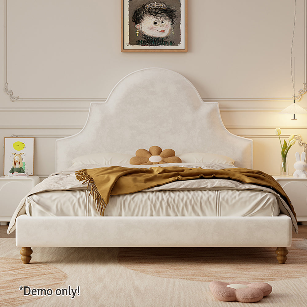 LIVARA SM1045 150/180cm Length Baby Velvet Fabric Bed With Two Bedside Tables Solid Wood Frame - Beige