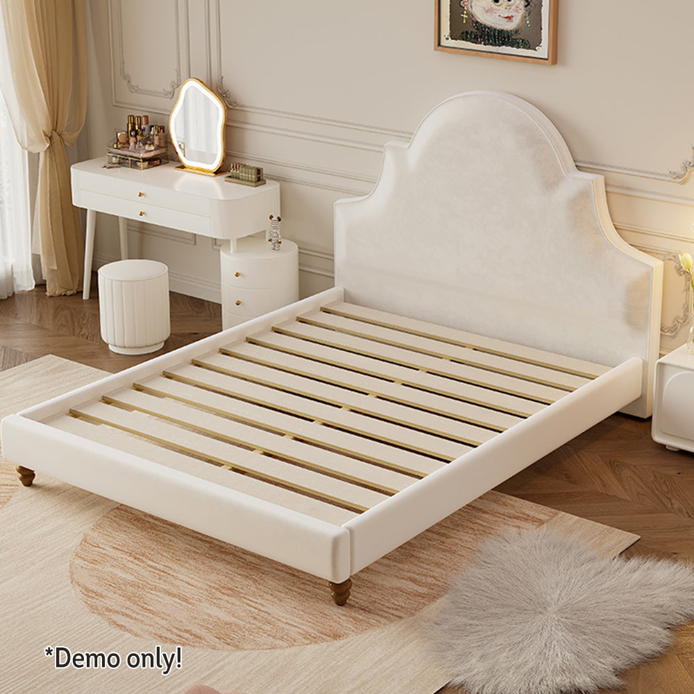 LIVARA SM1045 150/180cm Length Baby Velvet Fabric Bed With Two Bedside Tables Solid Wood Frame - Beige