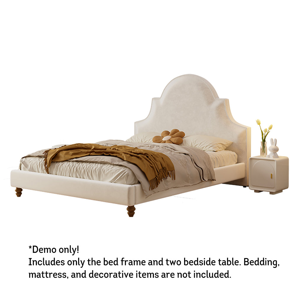 LIVARA SM1045 150/180cm Length Baby Velvet Fabric Bed With Two Bedside Tables Solid Wood Frame - Beige