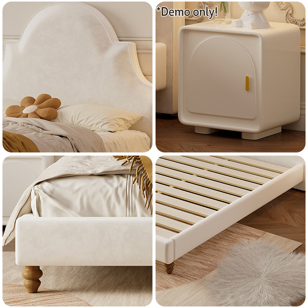 LIVARA SM1045 150/180cm Length Baby Velvet Fabric Bed With Two Bedside Tables Solid Wood Frame - Beige