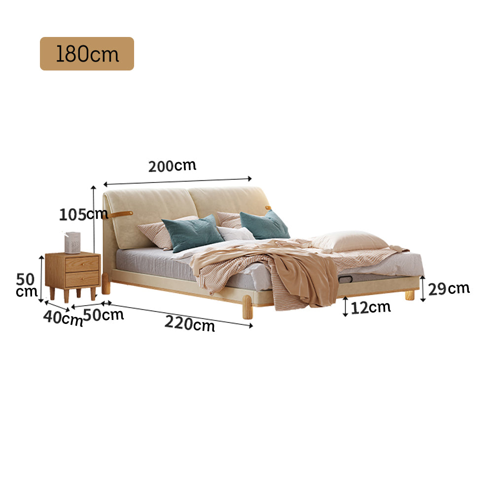 LIVARA SM1053 150/180cm Length Baby Velvet Fabric Bed With Two Bedside Tables - Beige&Oak