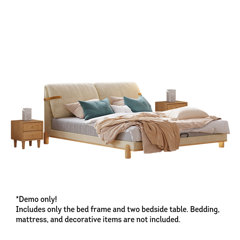 LIVARA SM1053 150/180cm Length Baby Velvet Fabric Bed With Two Bedside Tables - Beige&Oak