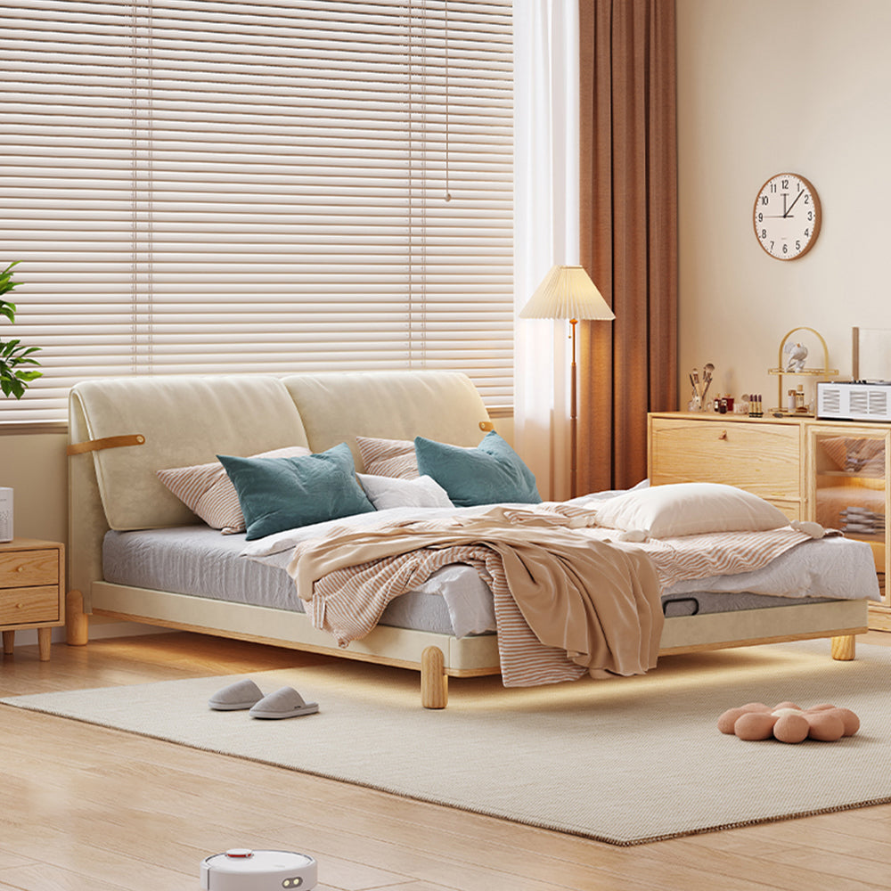 LIVARA SM1053 150/180cm Length Baby Velvet Fabric Bed With Two Bedside Tables - Beige&Oak