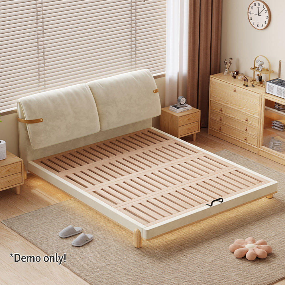 LIVARA SM1053 150/180cm Length Baby Velvet Fabric Bed With Two Bedside Tables - Beige&Oak