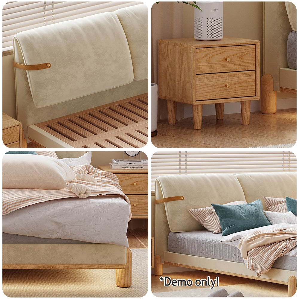 LIVARA SM1053 150/180cm Length Baby Velvet Fabric Bed With Two Bedside Tables - Beige&Oak