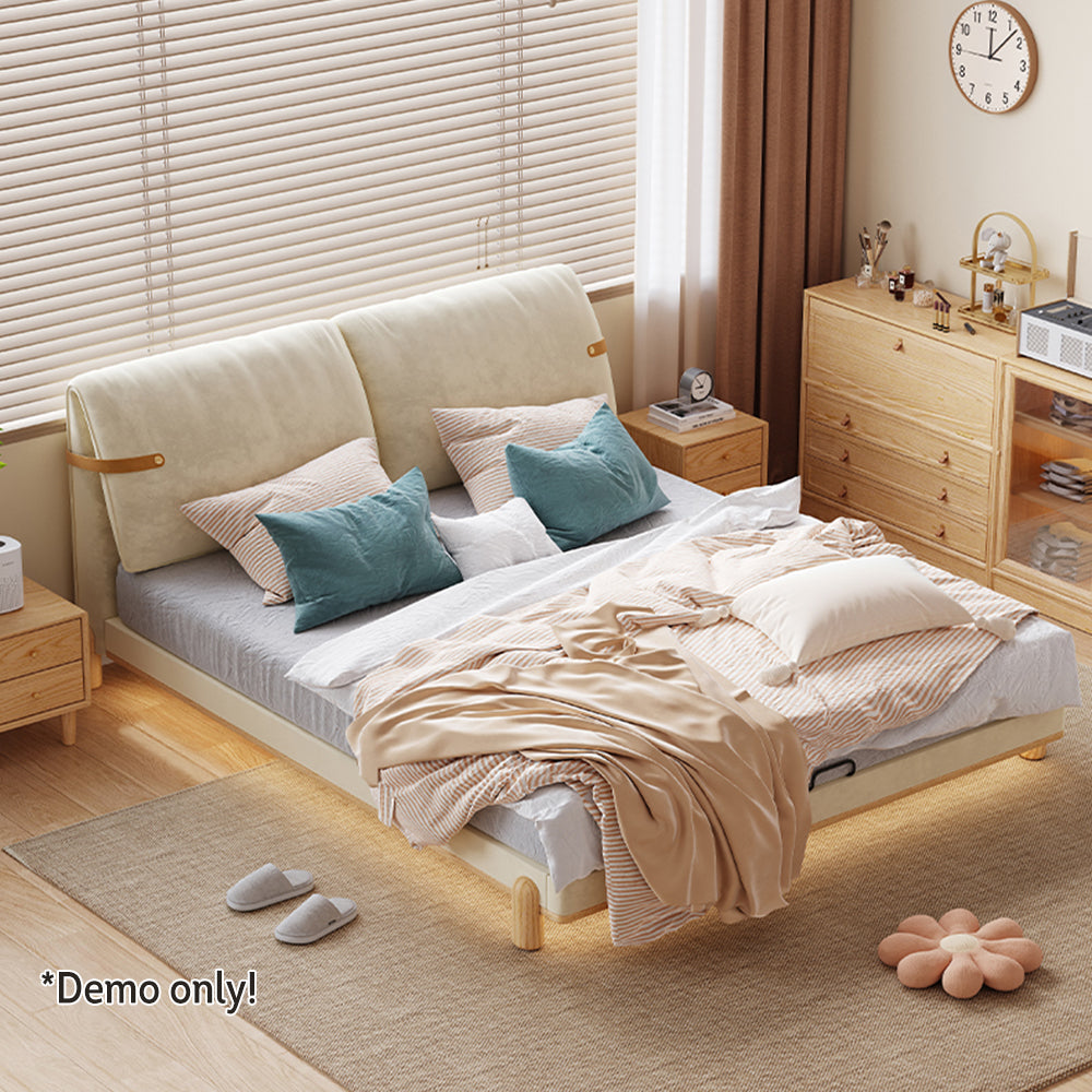LIVARA SM1053 150/180cm Length Baby Velvet Fabric Bed With Two Bedside Tables - Beige&Oak