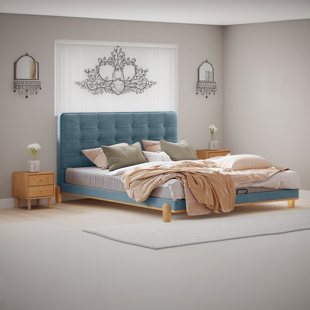 LIVARA SM1055 150/180cm Length Baby Velvet Fabric Bed With Two Bedside Tables - Blue