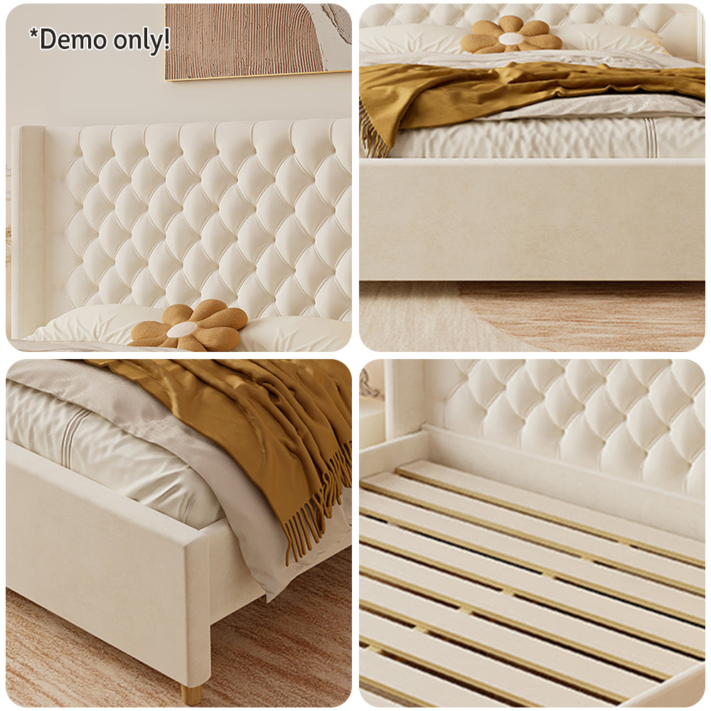 LIVARA SM1907 150/180cm Velvet Fabric Bed With Two Bedside Tables - Beige