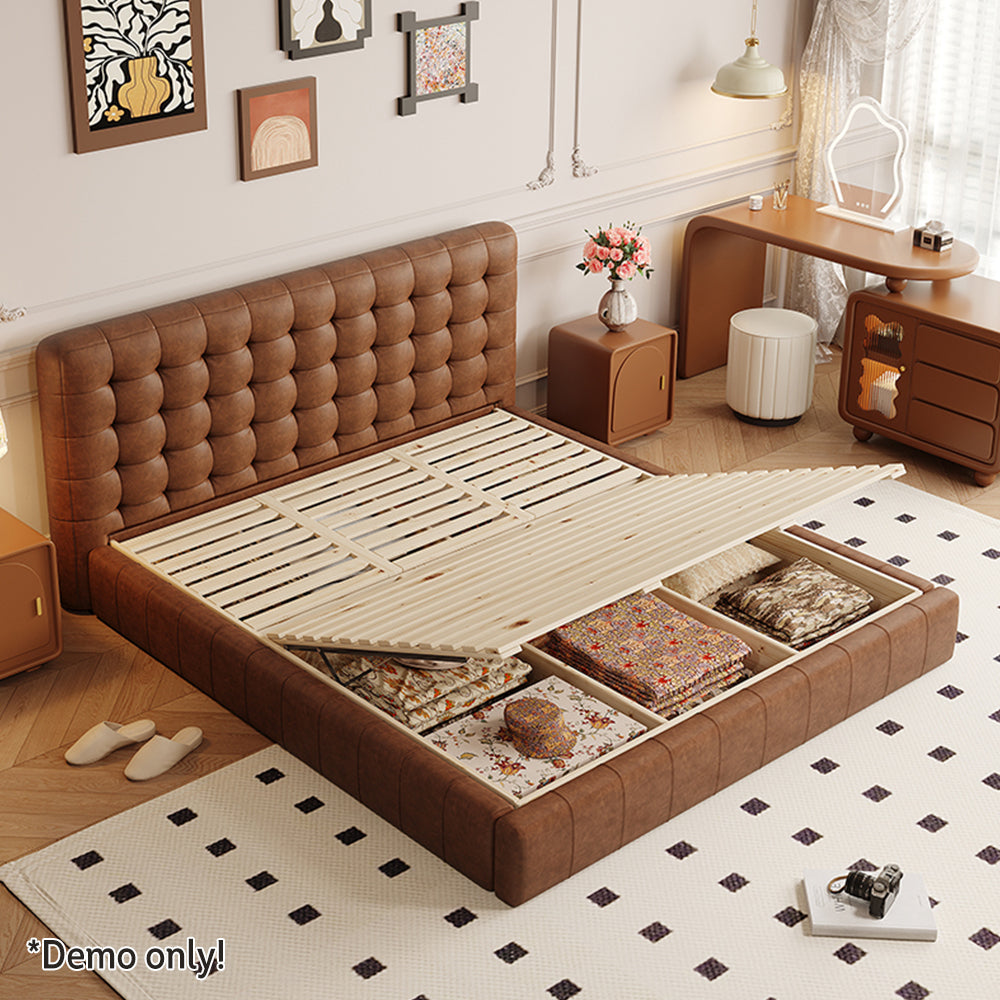 LIVARA Model-1065 150cm / 180cm Waxed Leather Fabric Bed Solid Wood Frame