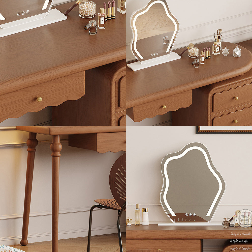 LIVARA 1080 Expandable Multi-Functional Solid Wood 120cm Dressing Table With LED Mirror - Walnut