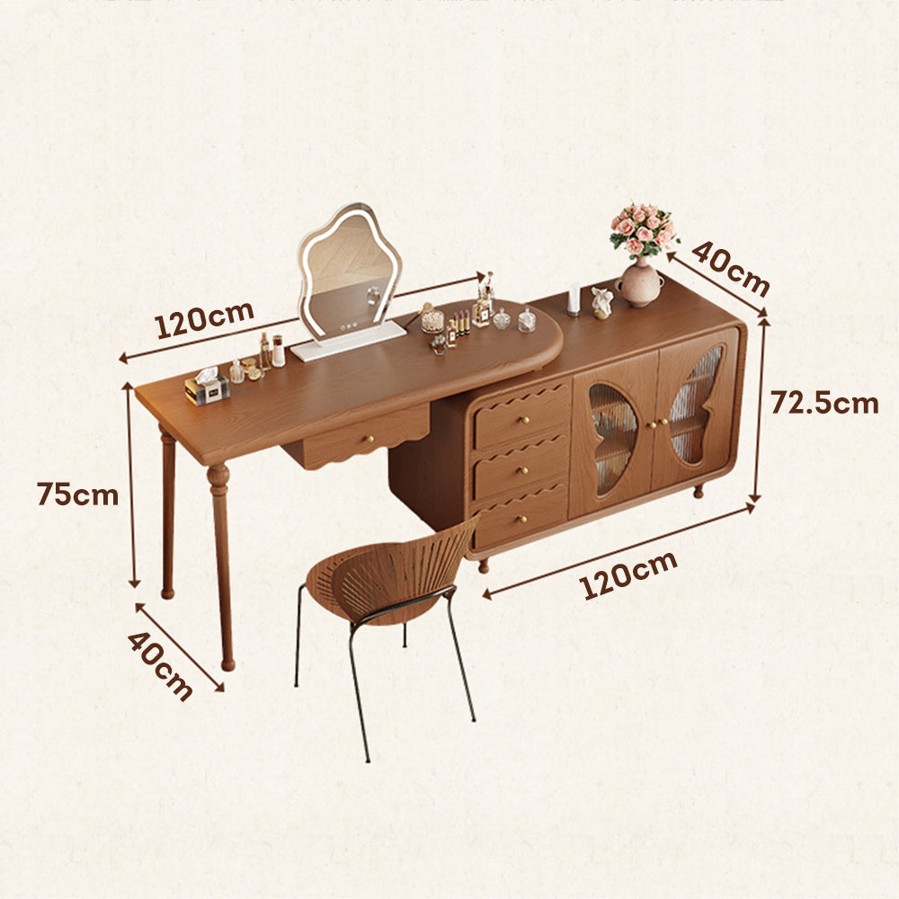 LIVARA 1080 Expandable Multi-Functional Solid Wood 120cm Dressing Table With LED Mirror - Walnut