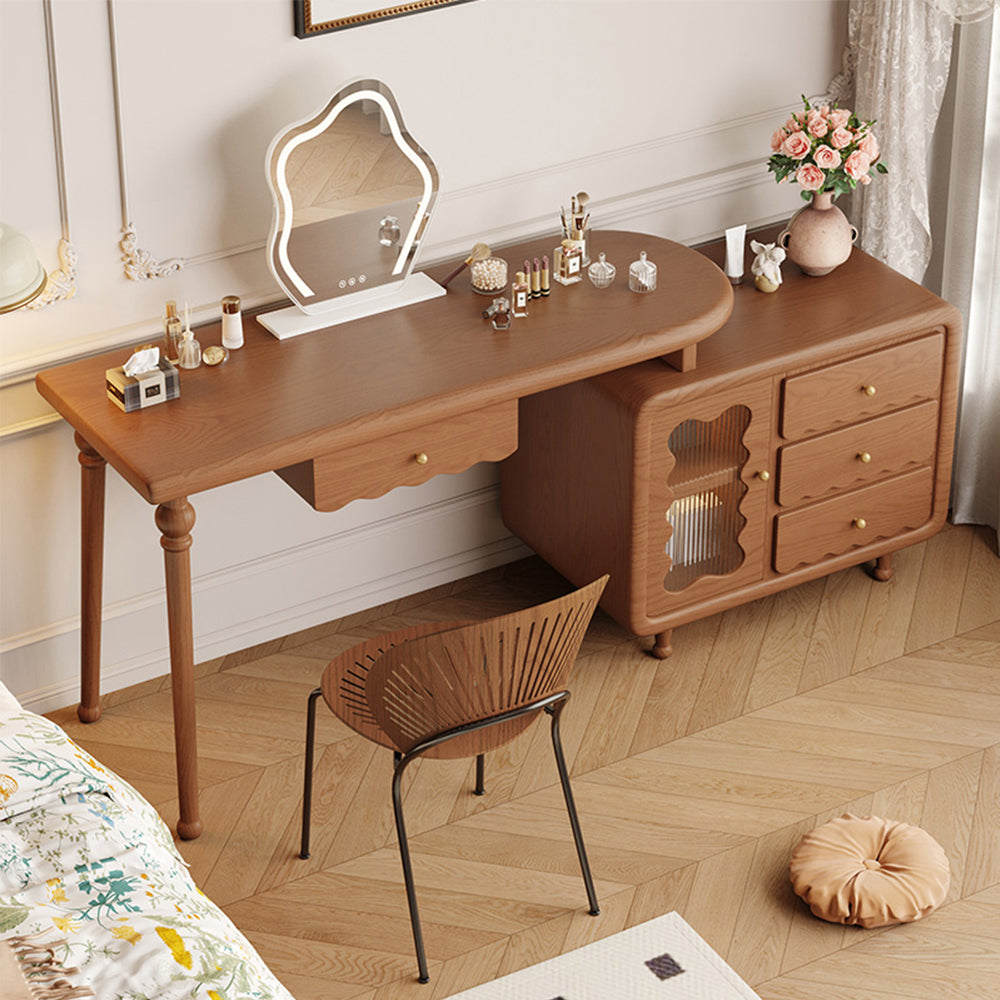 LIVARA 1081# Expandable Multi-Functional Solid Wood 100-120cm Dressing Table With LED Mirror - Walnut