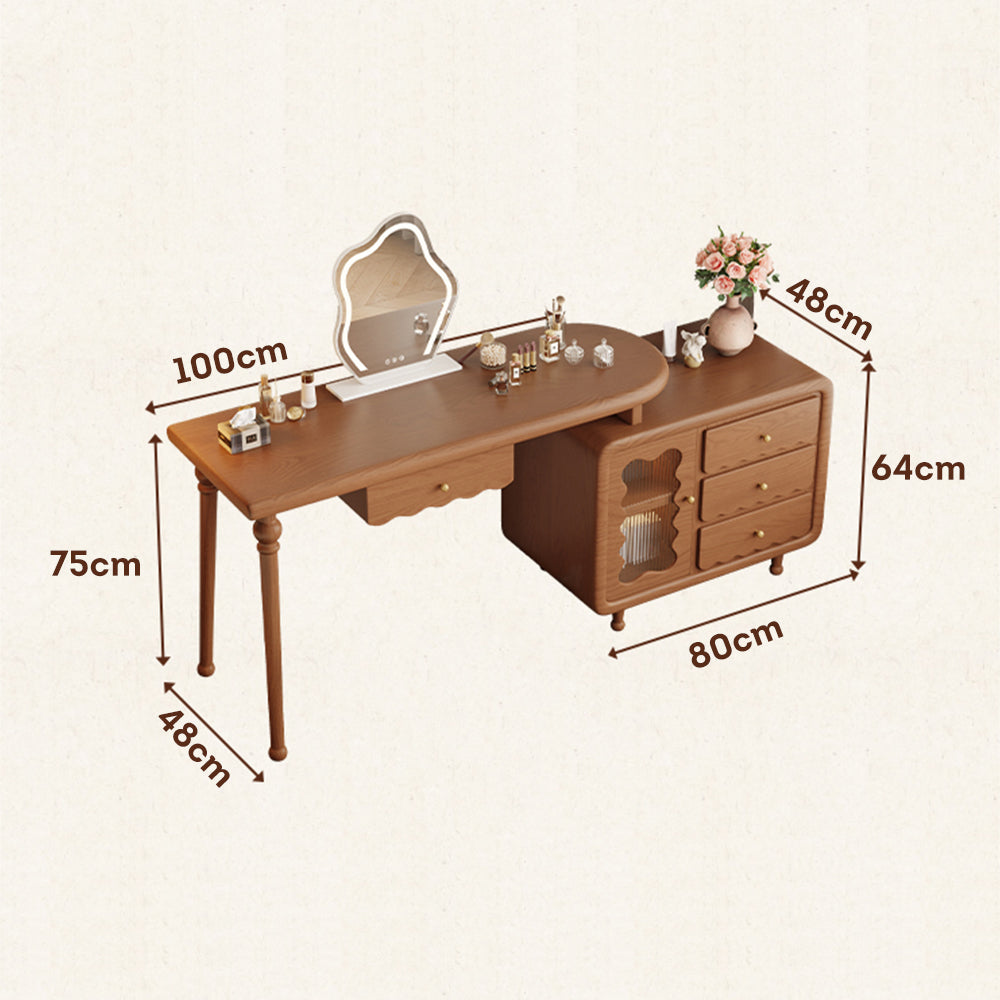 LIVARA 1081# Expandable Multi-Functional Solid Wood 100-120cm Dressing Table With LED Mirror - Walnut