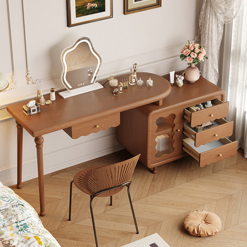 LIVARA 1081# Expandable Multi-Functional Solid Wood 100-120cm Dressing Table With LED Mirror - Walnut