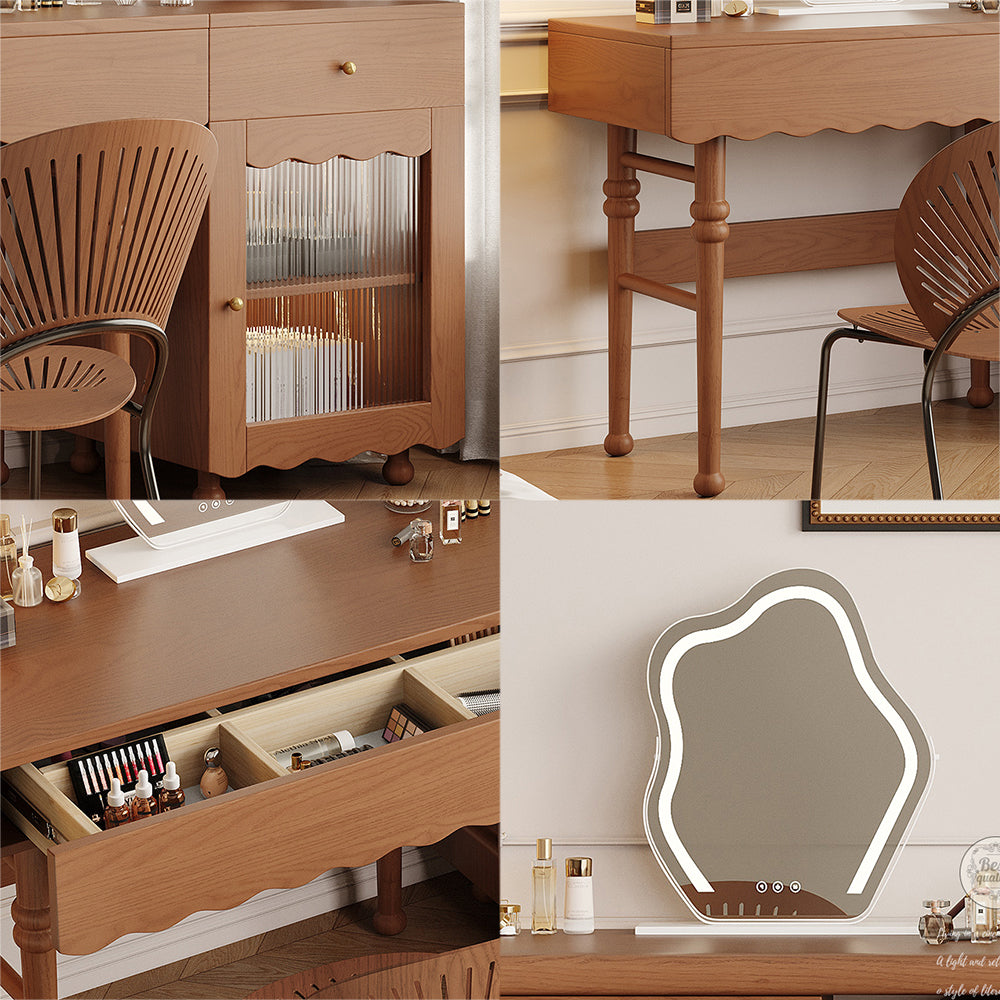 LIVARA 1082# Solid Wood Multifunctional 120cm Dressing Table With LED Mirror - Walnut