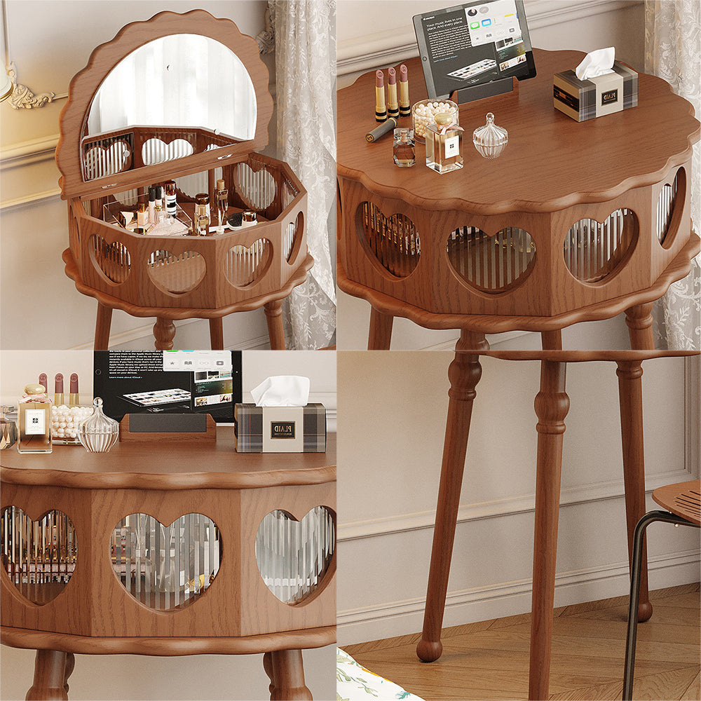 LIVARA Vintage-Style Solid Wood Hidden Mirror Dressing Table - Walnut