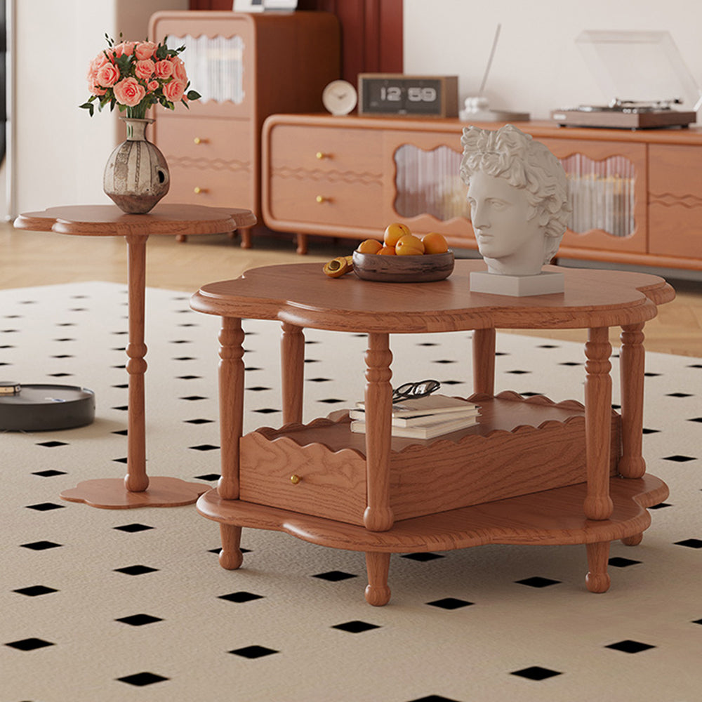 LIVARA Solid Wood Flower-Shaped Coffee Table Set /Side Table With Drawer - Walnut