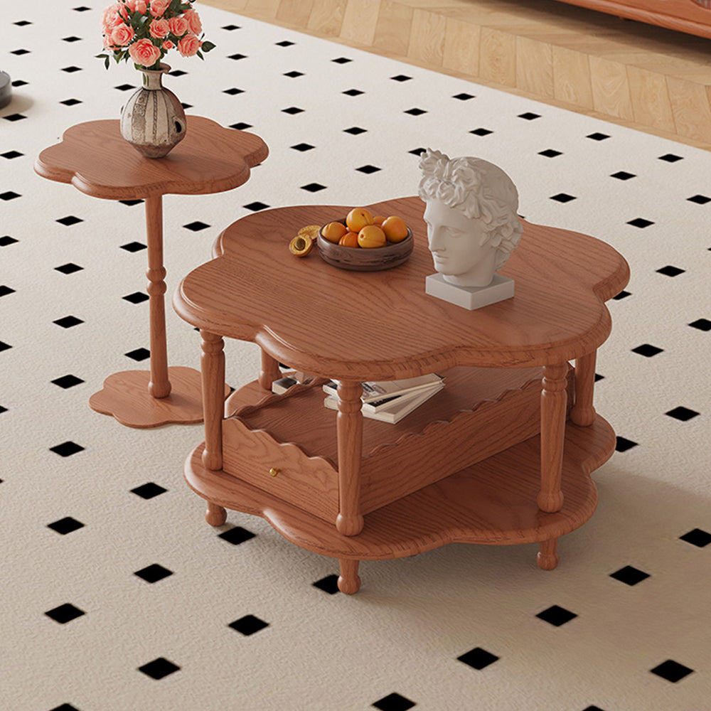 LIVARA Solid Wood Flower-Shaped Coffee Table Set /Side Table With Drawer - Walnut