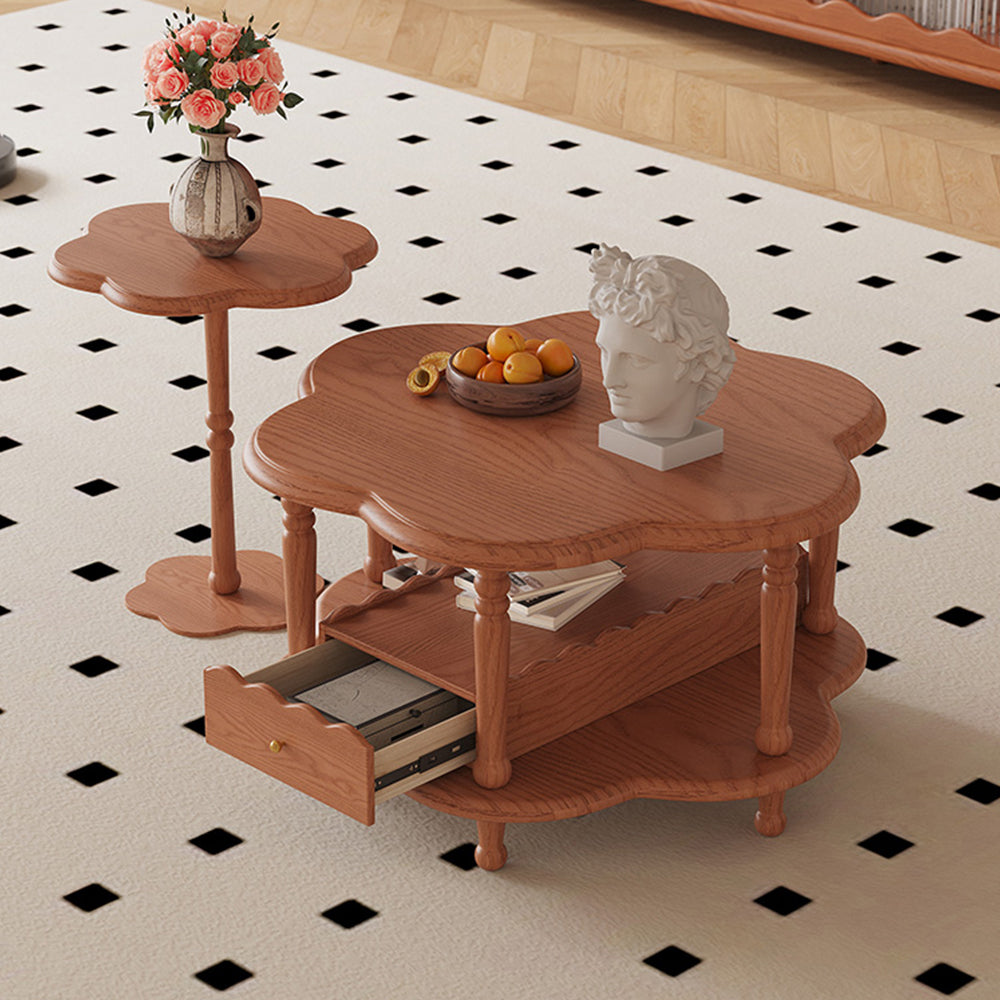 LIVARA Solid Wood Flower-Shaped Coffee Table Set /Side Table With Drawer - Walnut