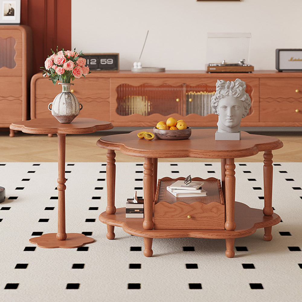 LIVARA Solid Wood Flower-Shaped Coffee Table Set /Side Table With Drawer - Walnut