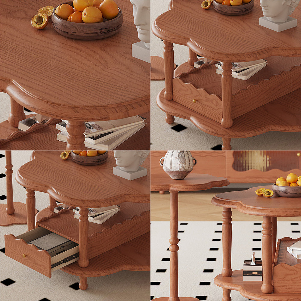 LIVARA Solid Wood Flower-Shaped Coffee Table Set /Side Table With Drawer - Walnut