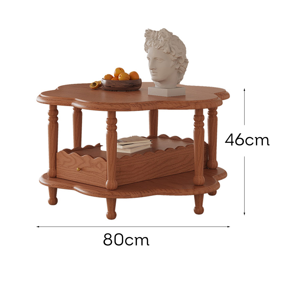 LIVARA Solid Wood Flower-Shaped Coffee Table Set /Side Table With Drawer - Walnut