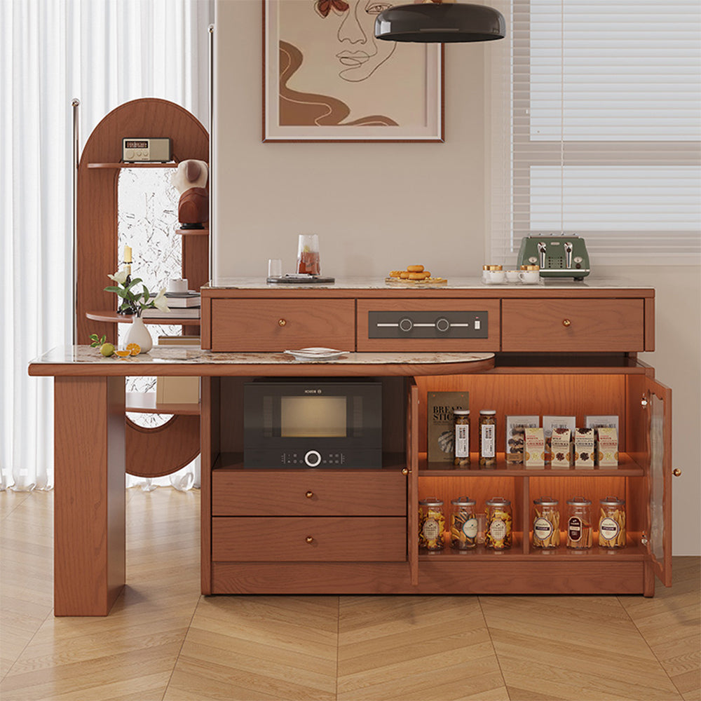 LIVARA Integrated Expandable Design Multifunctional Solid Wood Island Table With Rock Panel Dining Top