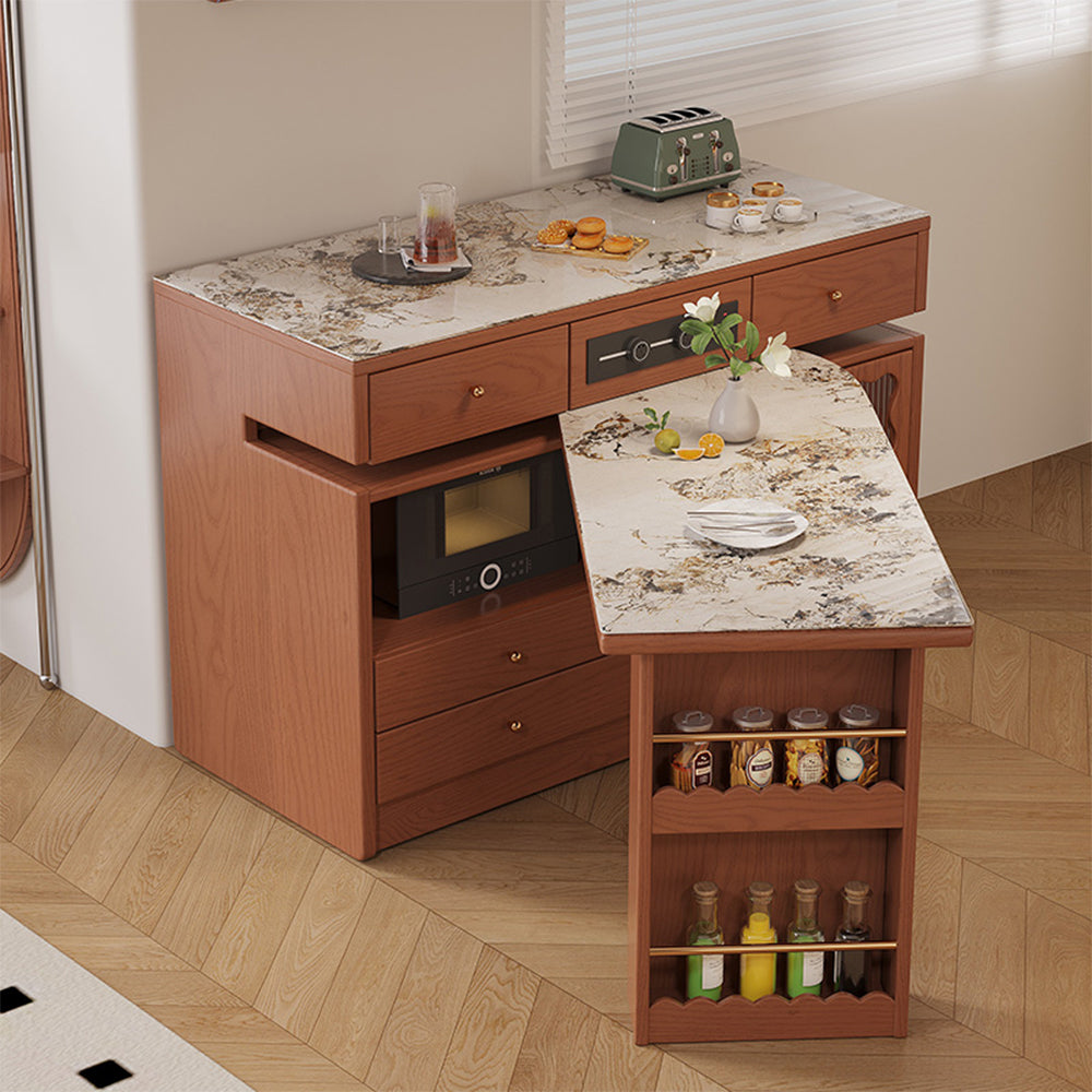 LIVARA Integrated Expandable Design Multifunctional Solid Wood Island Table With Rock Panel Dining Top