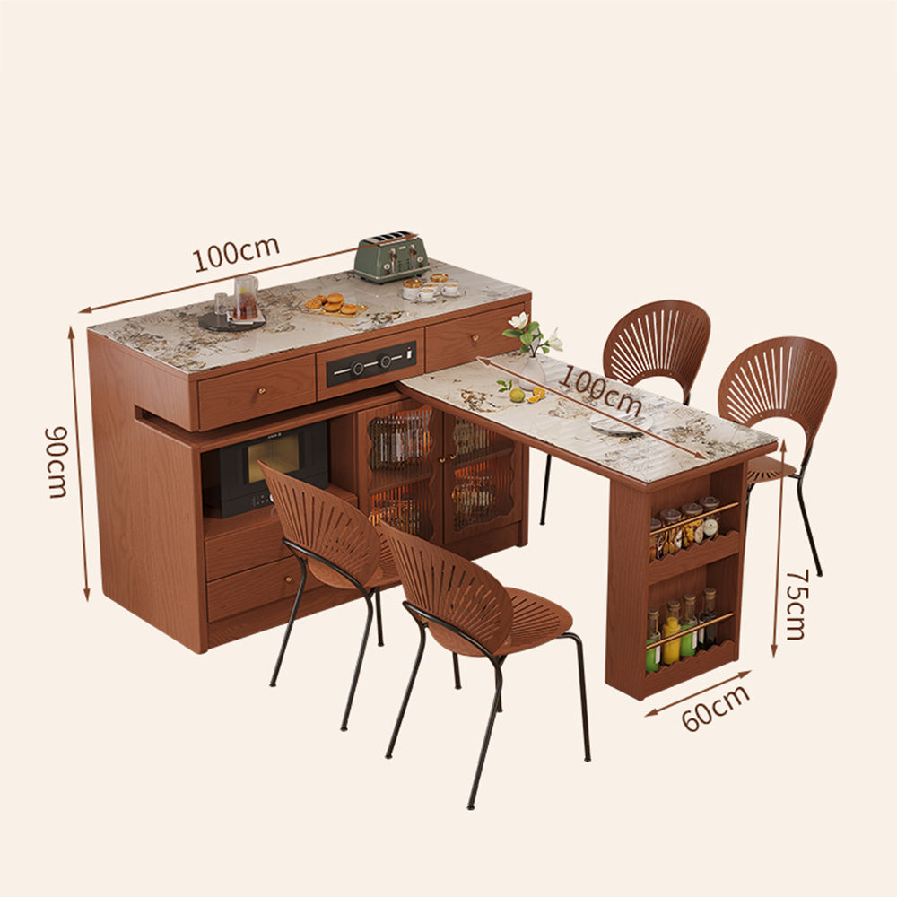 LIVARA Integrated Expandable Design Multifunctional Solid Wood Island Table With Rock Panel Dining Top