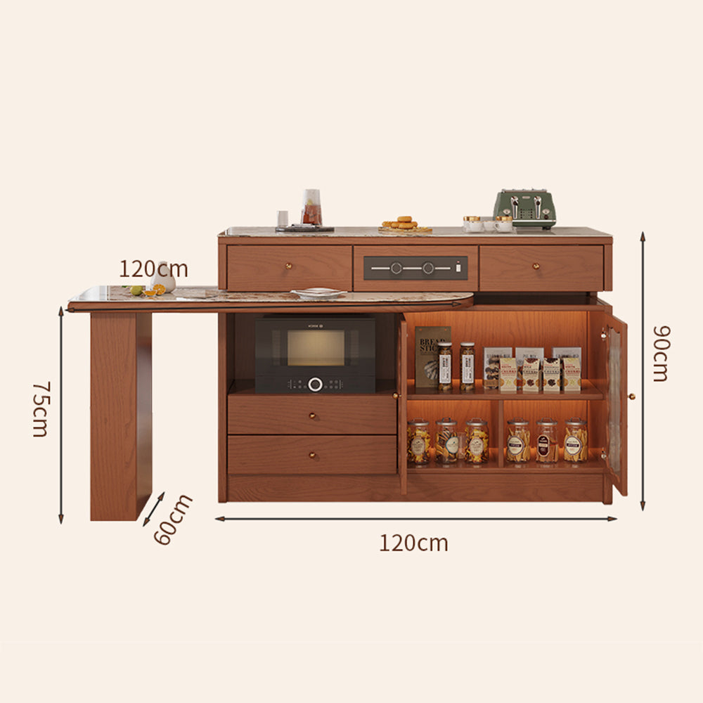 LIVARA Integrated Expandable Design Multifunctional Solid Wood Island Table With Rock Panel Dining Top