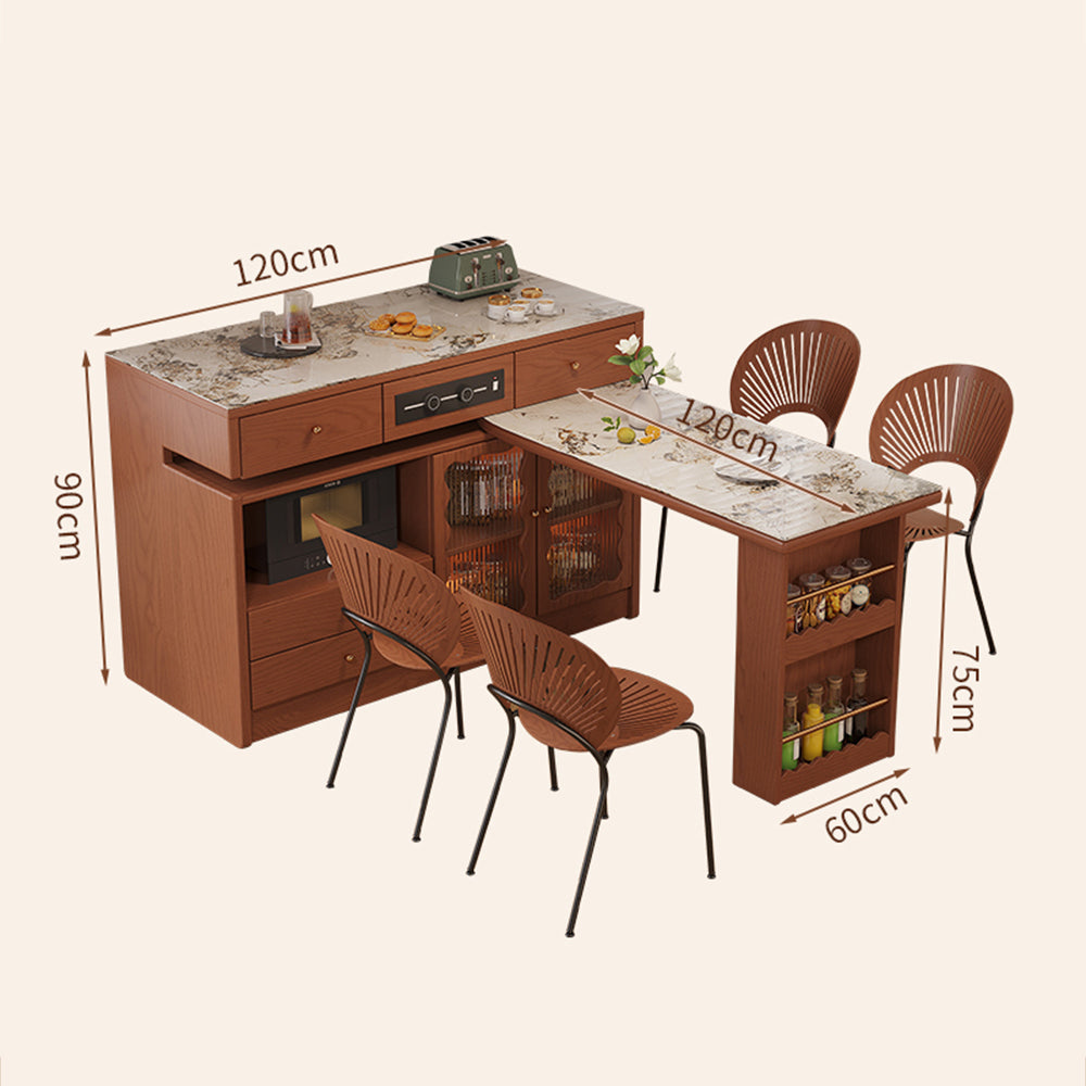 LIVARA Integrated Expandable Design Multifunctional Solid Wood Island Table With Rock Panel Dining Top