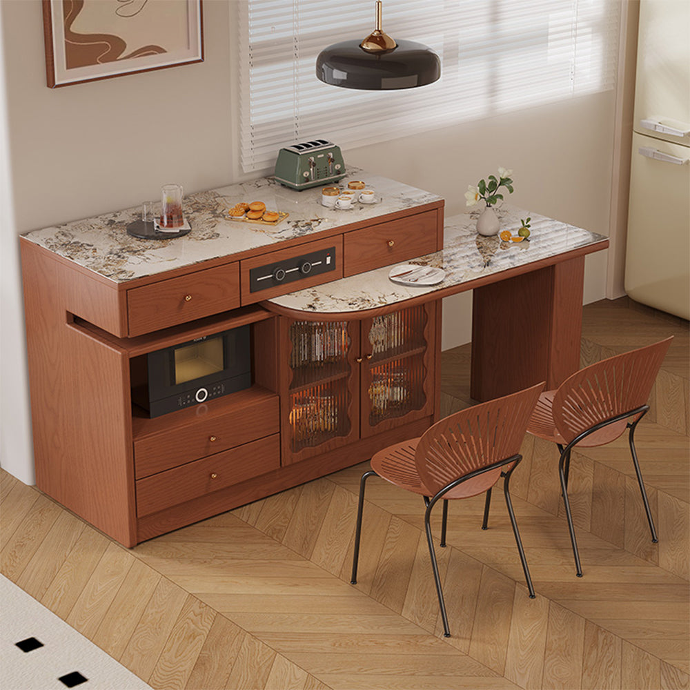 LIVARA Integrated Expandable Design Multifunctional Solid Wood Island Table With Rock Panel Dining Top