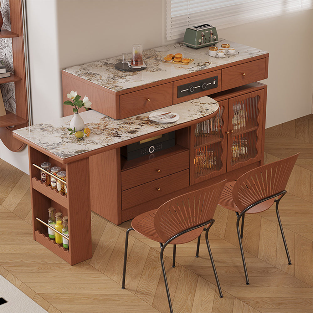 LIVARA Integrated Expandable Design Multifunctional Solid Wood Island Table With Rock Panel Dining Top