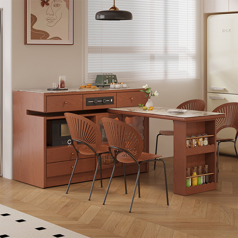 LIVARA Integrated Expandable Design Multifunctional Solid Wood Island Table With Rock Panel Dining Top