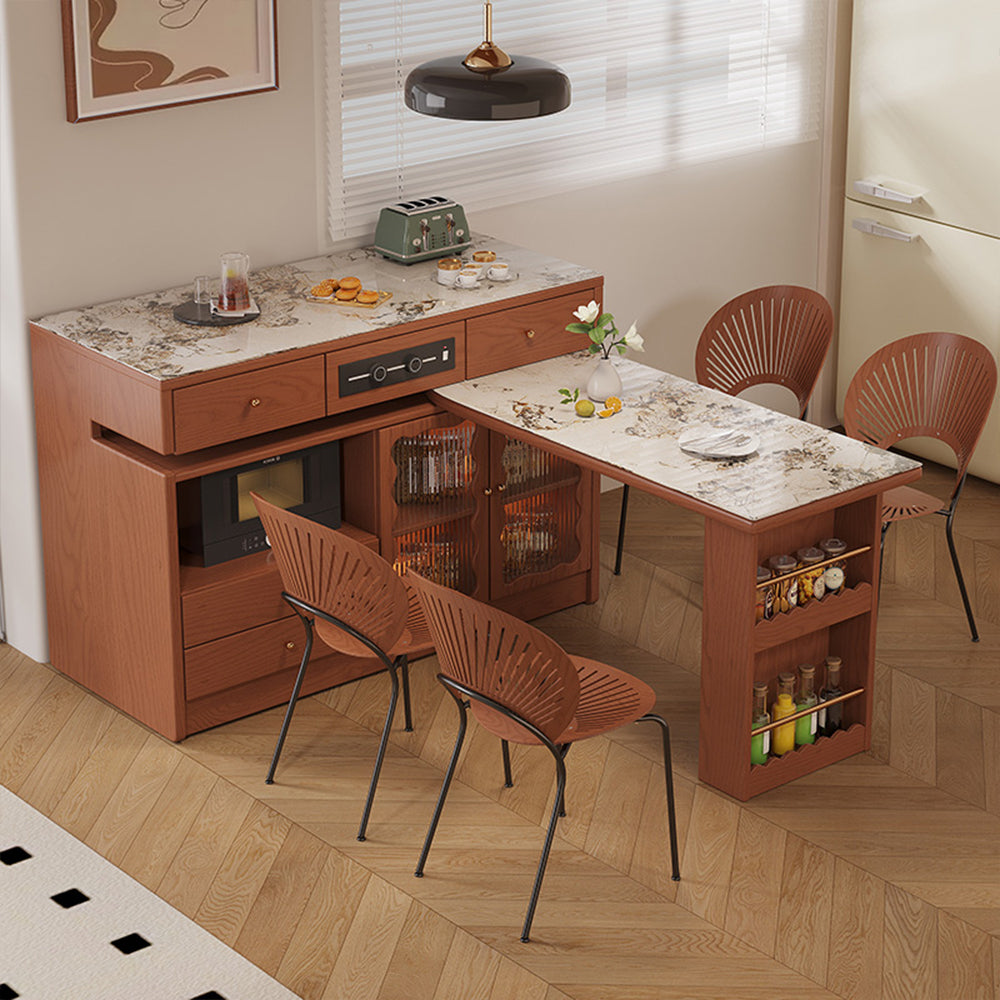 LIVARA Integrated Expandable Design Multifunctional Solid Wood Island Table With Rock Panel Dining Top